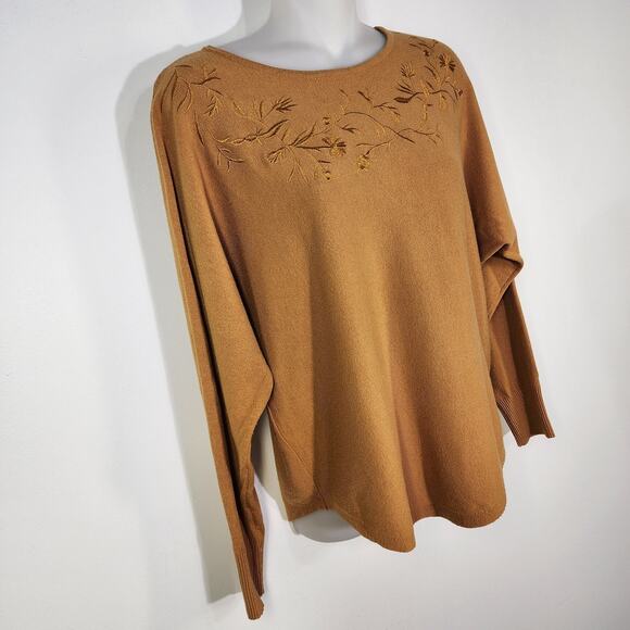 Milano Sweater Womens Medium Pullover Embroidered Floral Dolman Sleeve Mustard - Picture 5 of 9